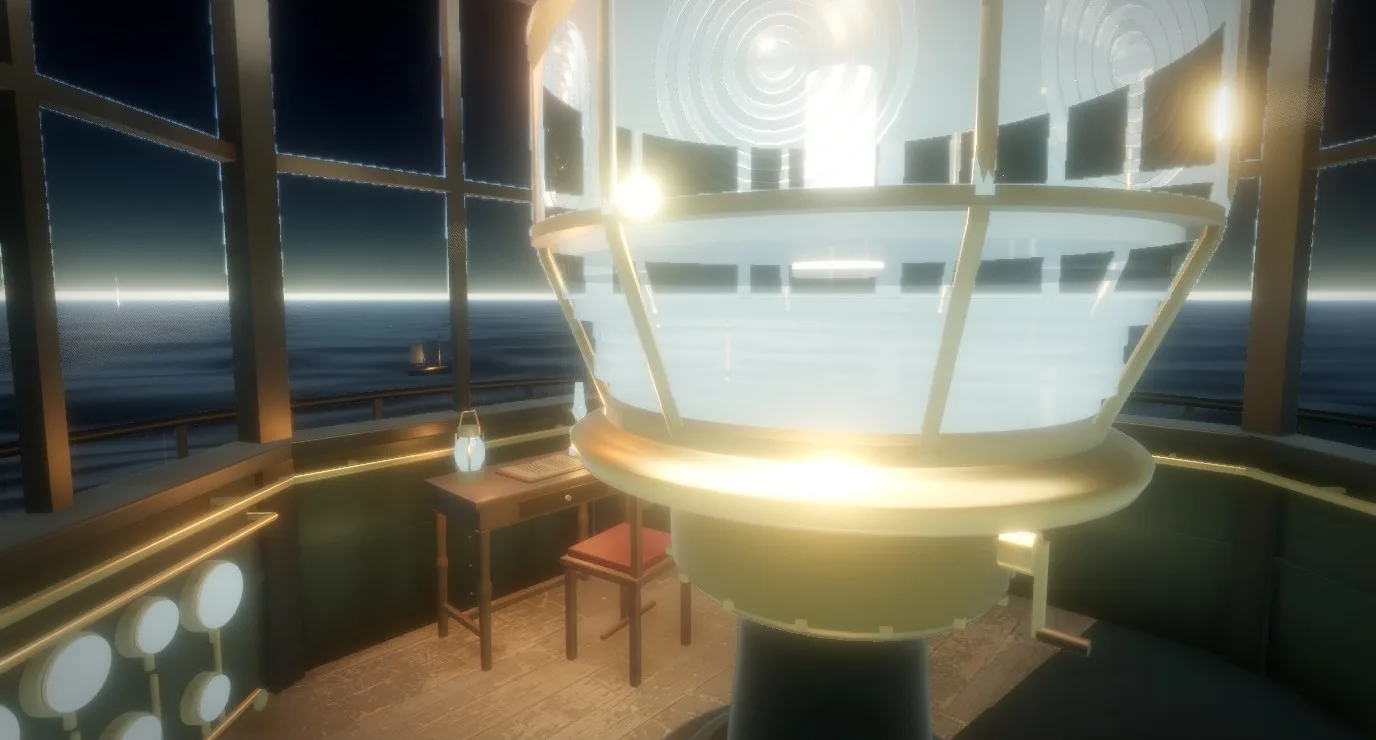 The Fresnel lens in a lighthouse lantern room, rendered in Arcwright