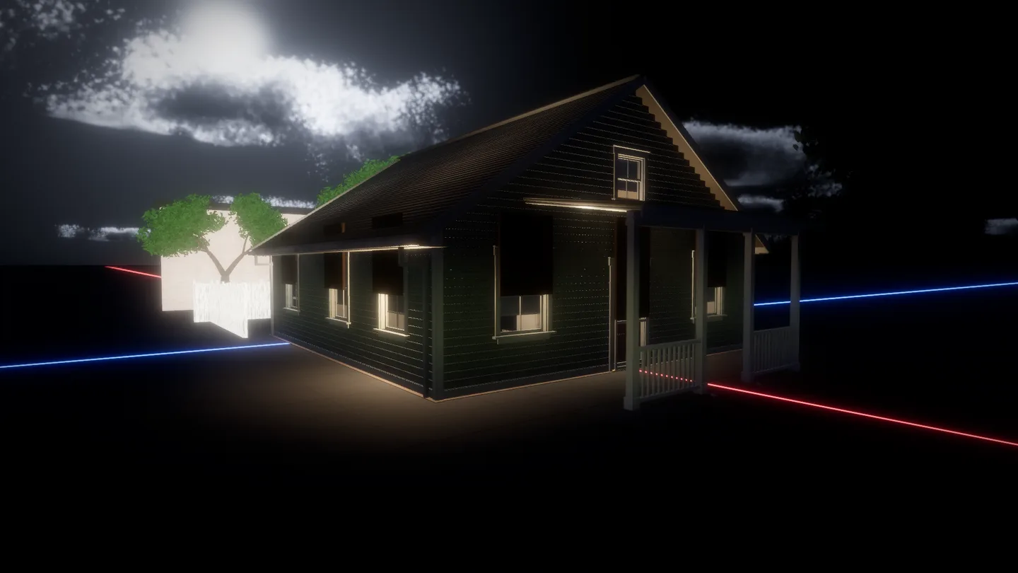 A second forged house lit from inside at night