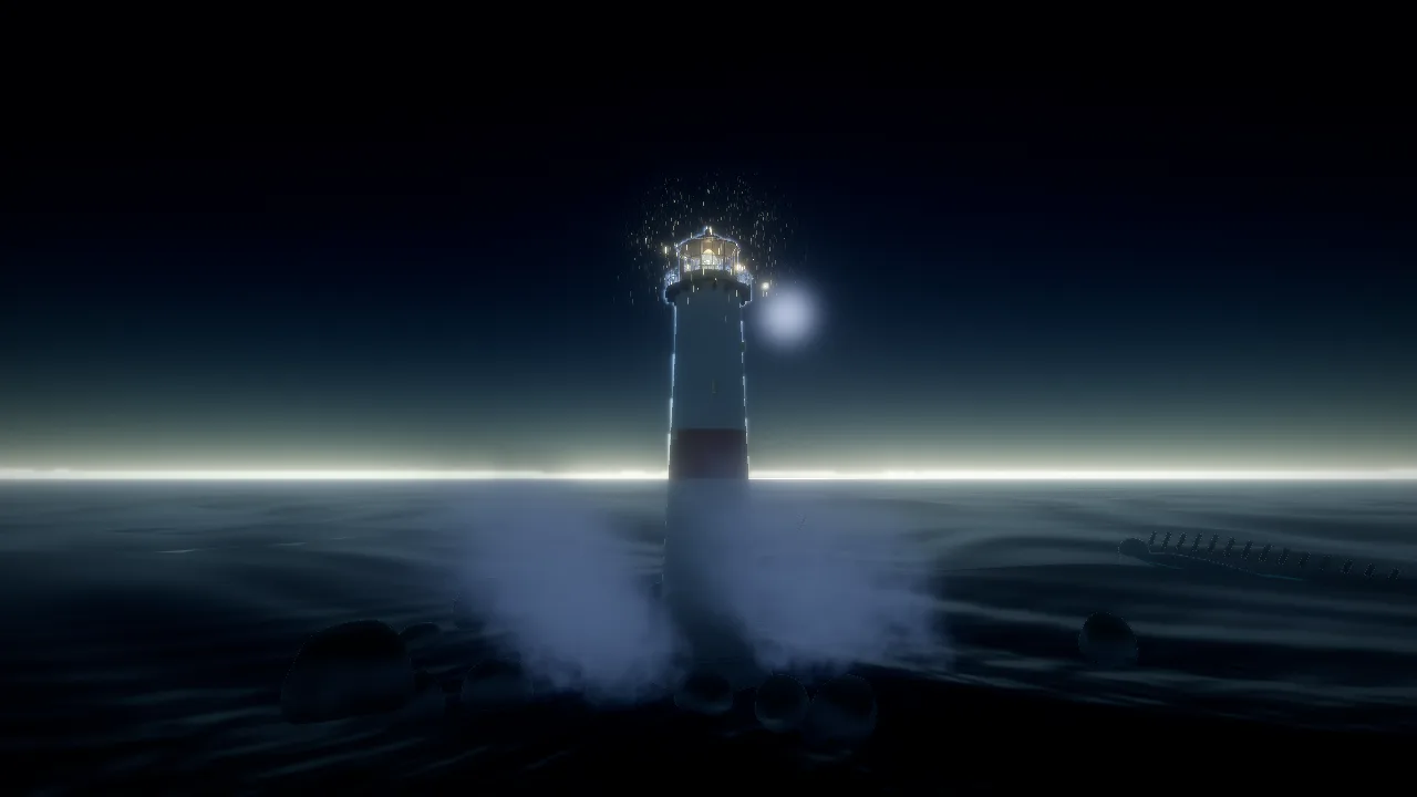 A lighthouse at night in a stormy sea, spray on the rocks
