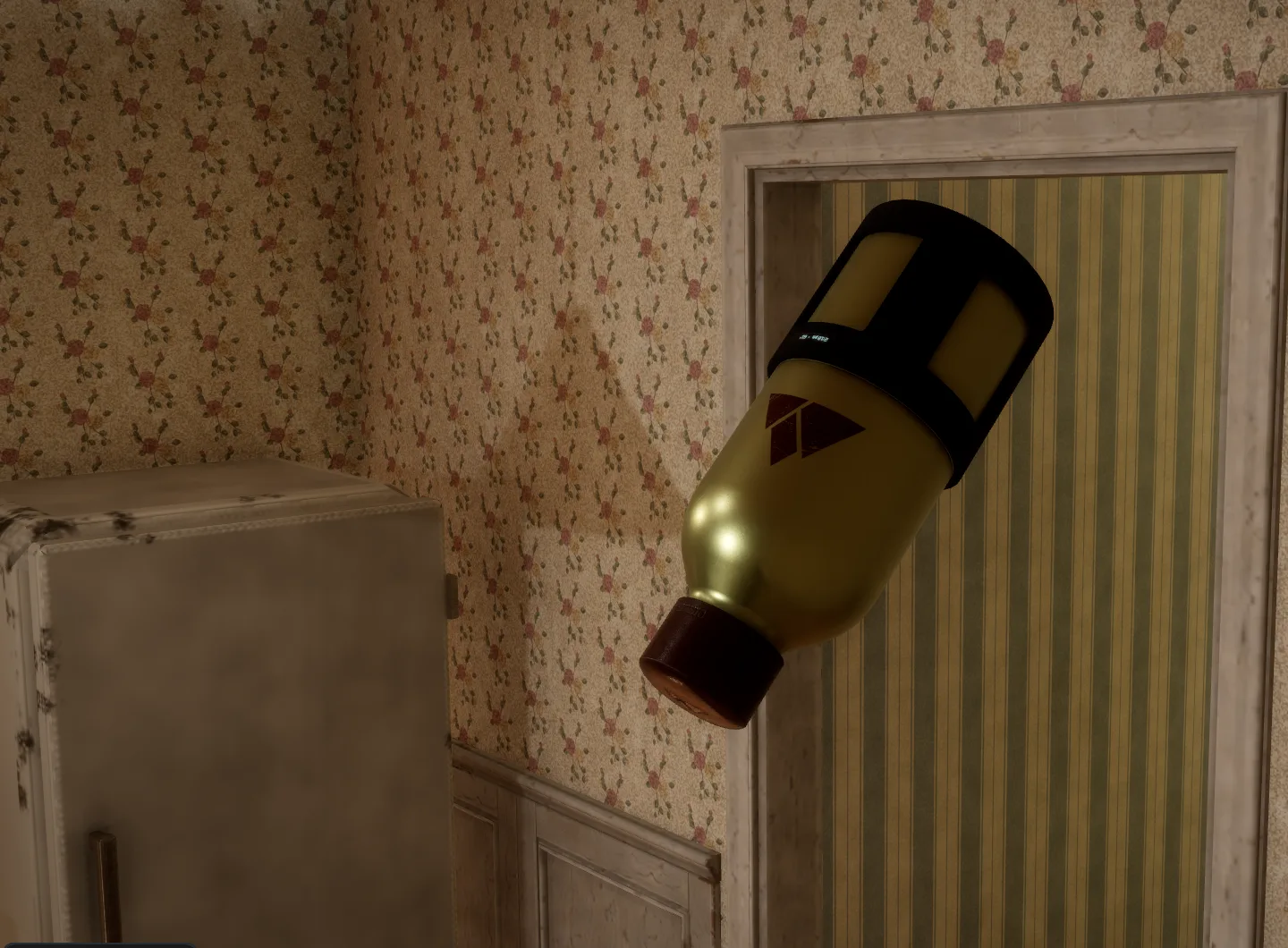A bottle frozen in mid-air in slow motion in a kitchen