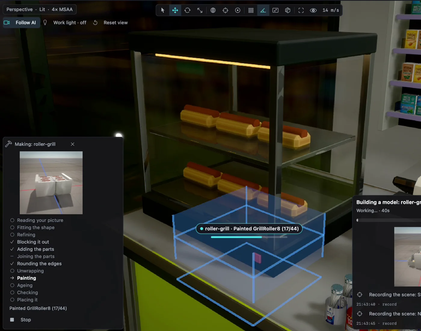 The Forge's build panel in the editor while it makes a roller grill for a store