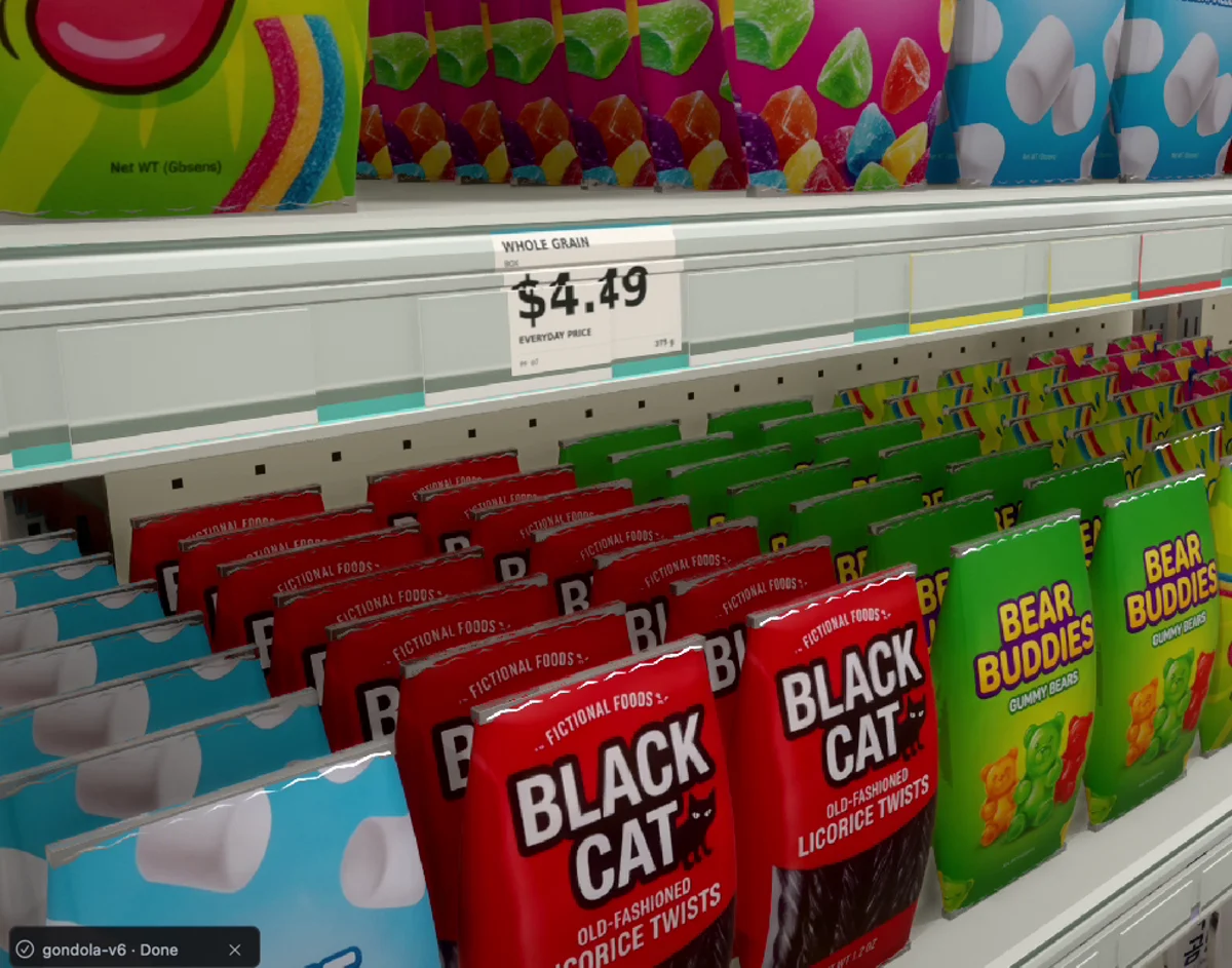 Store shelves stocked with forged snack bags and price tags